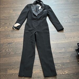 Self-Portrait Black Satin-Trim Jumpsuit